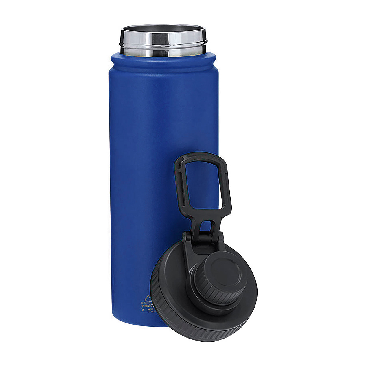 Bidón de Acero Inox Reciclado con 550 ml de capacidad. Incluye tapadera color negro con sistema de cierre a rosca, agarre de silicona.