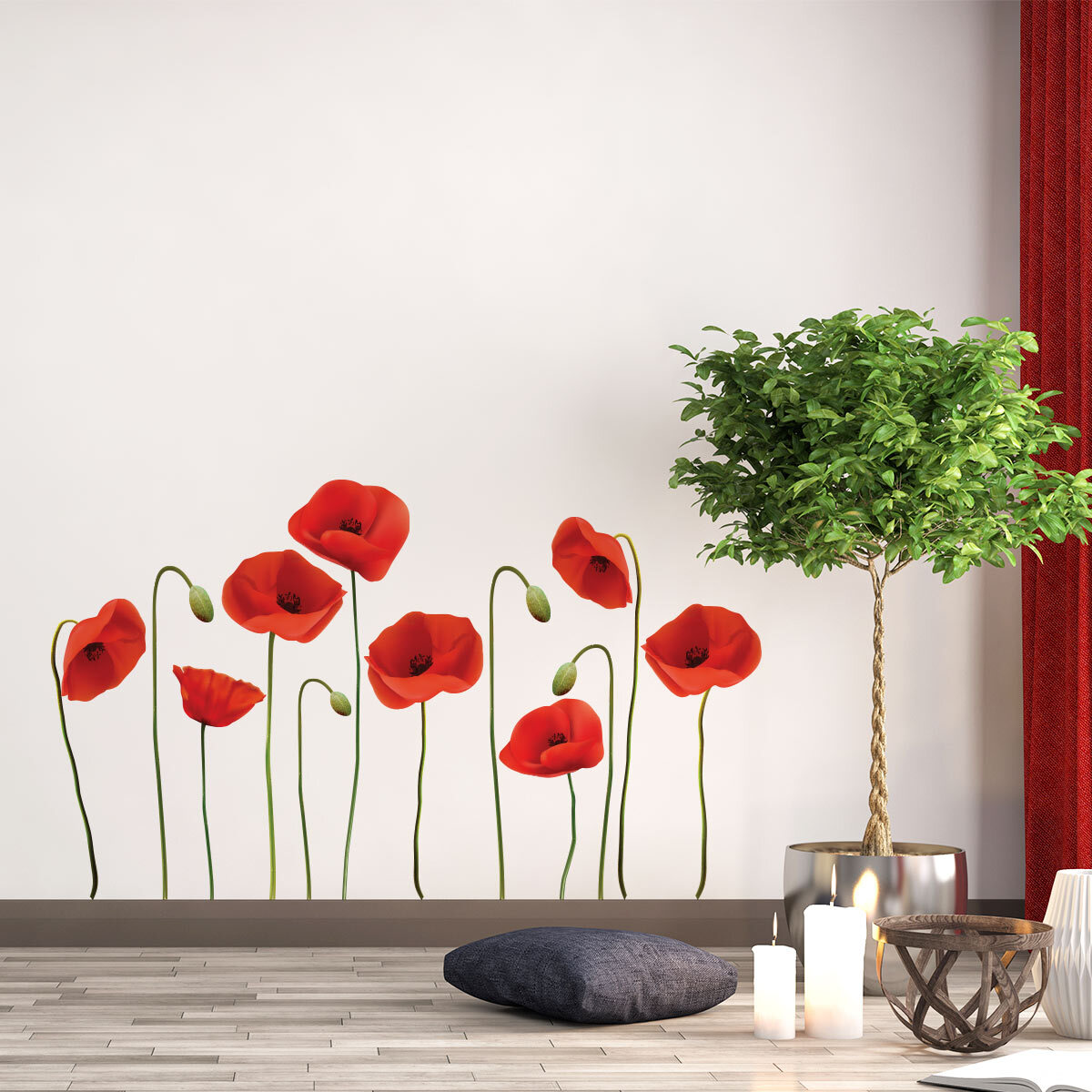 Stickers muraux | Sticker Mural Autocollant - FLEURS COQUELICOTS VERMEIL - adhésifs fond transparent