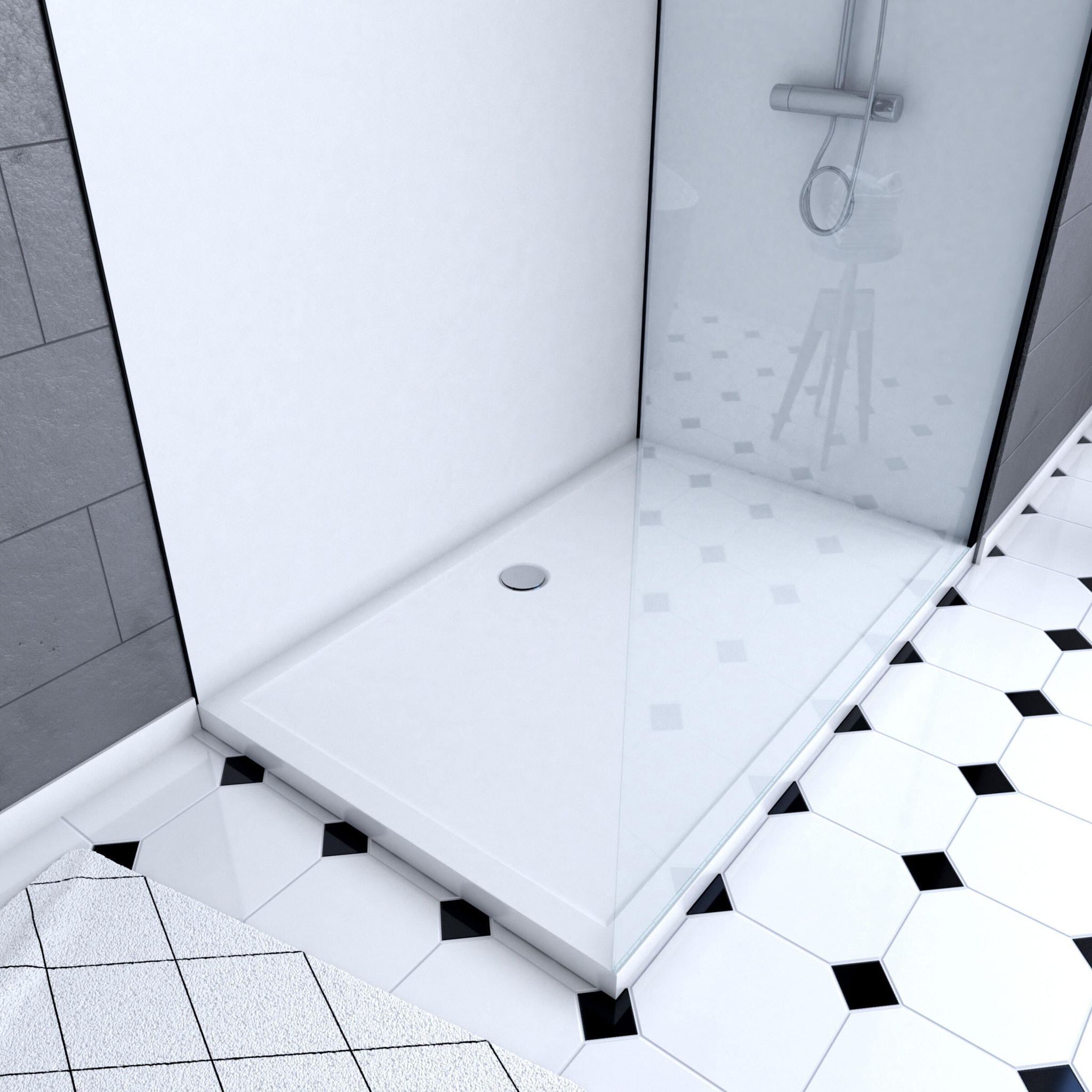 Pack douche à l'Italienne 90x120 - Kit Panneaux muraux Blanc/Noir + receveur + Paroi transparente