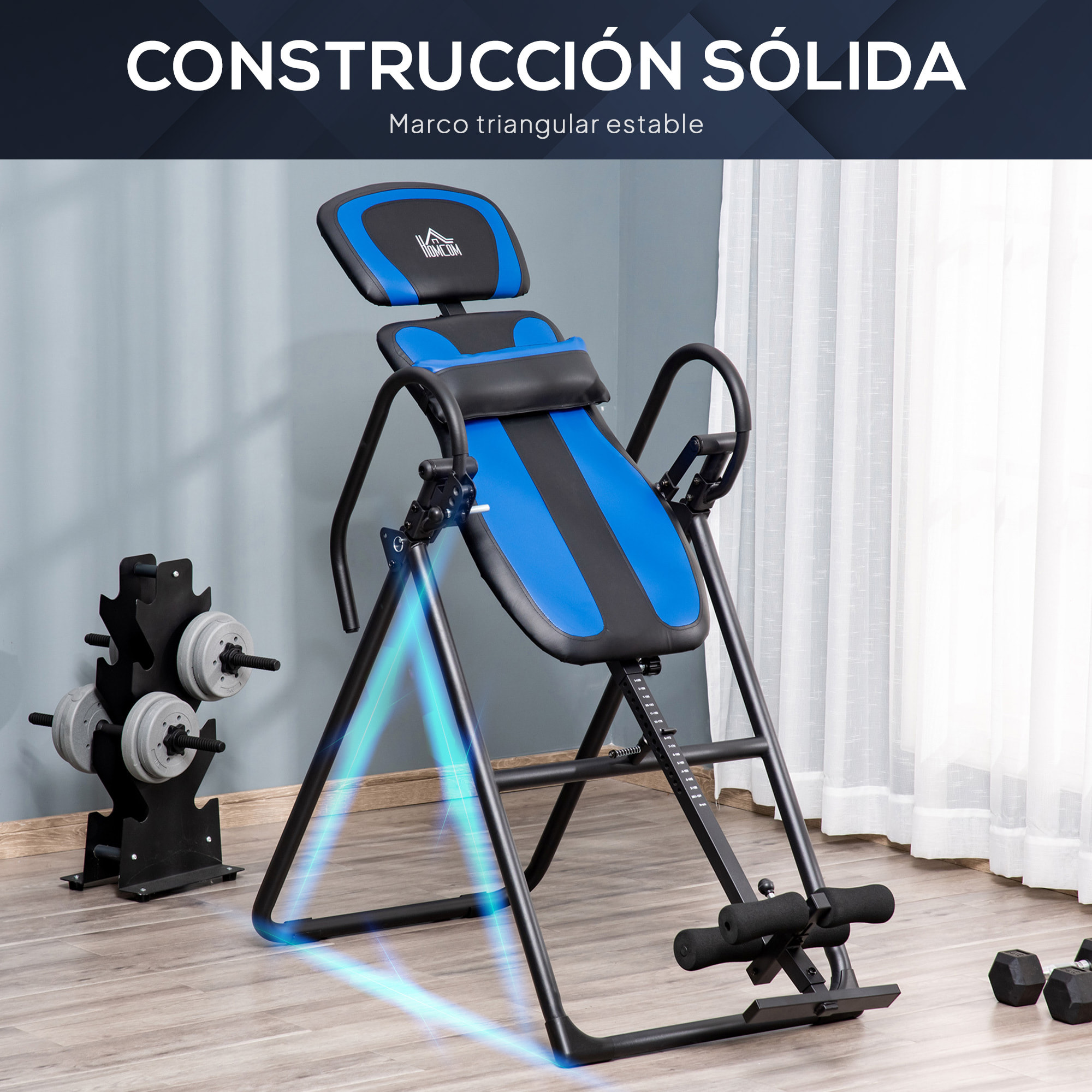HOMCOM Tabla de Inversión Plegable con Ruedas, Altura Ajustable 140-203 cm, Banco de Inversión con Cinturón de Seguridad y Soporte de Lumbar, para Aliviar Espalda y Mejorar la Circulación