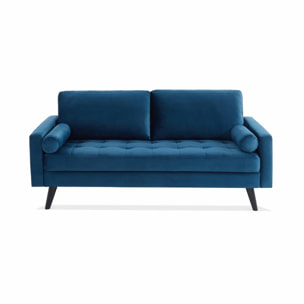 Canapé en velours bleu pétrole. 3 places scandinave fixe. droit. pieds bois noir