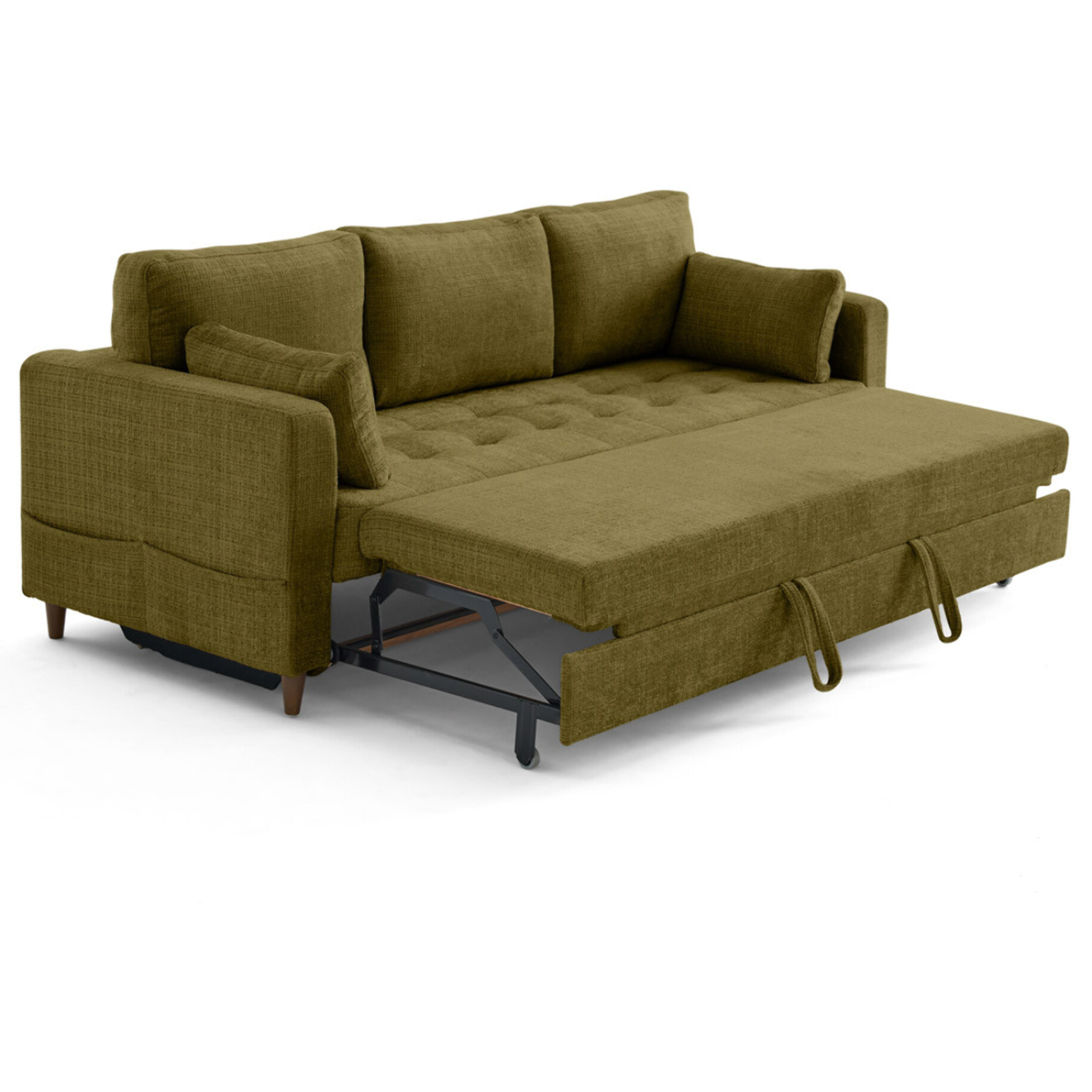 Anna - canapé droit 3 places convertible avec poche en velours texturé - Vert Olive