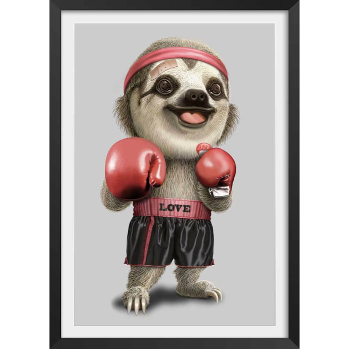 Affiche enfant le paresseux boxeur  Affiche + cadre en bois - Noir