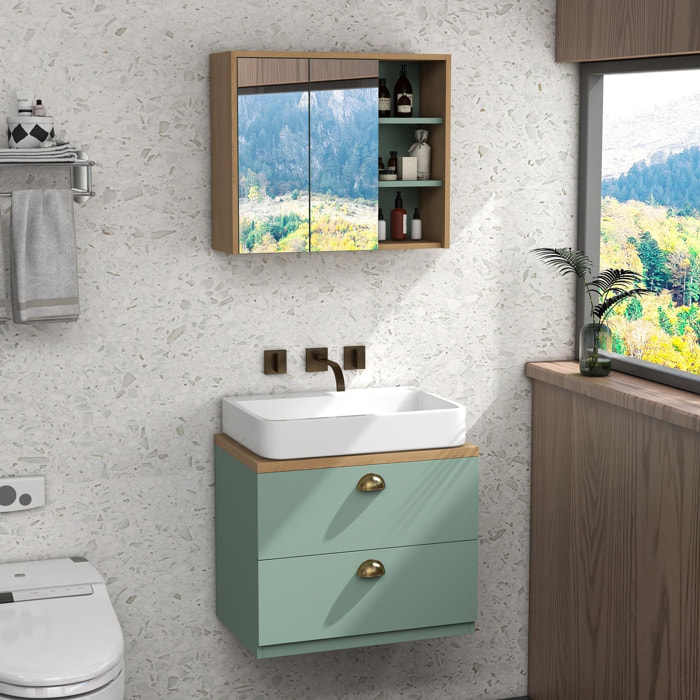 Ensemble 2 meubles salle de bain - meuble sous-vasque suspendu, armoire murale miroir - aspect bois clair vert