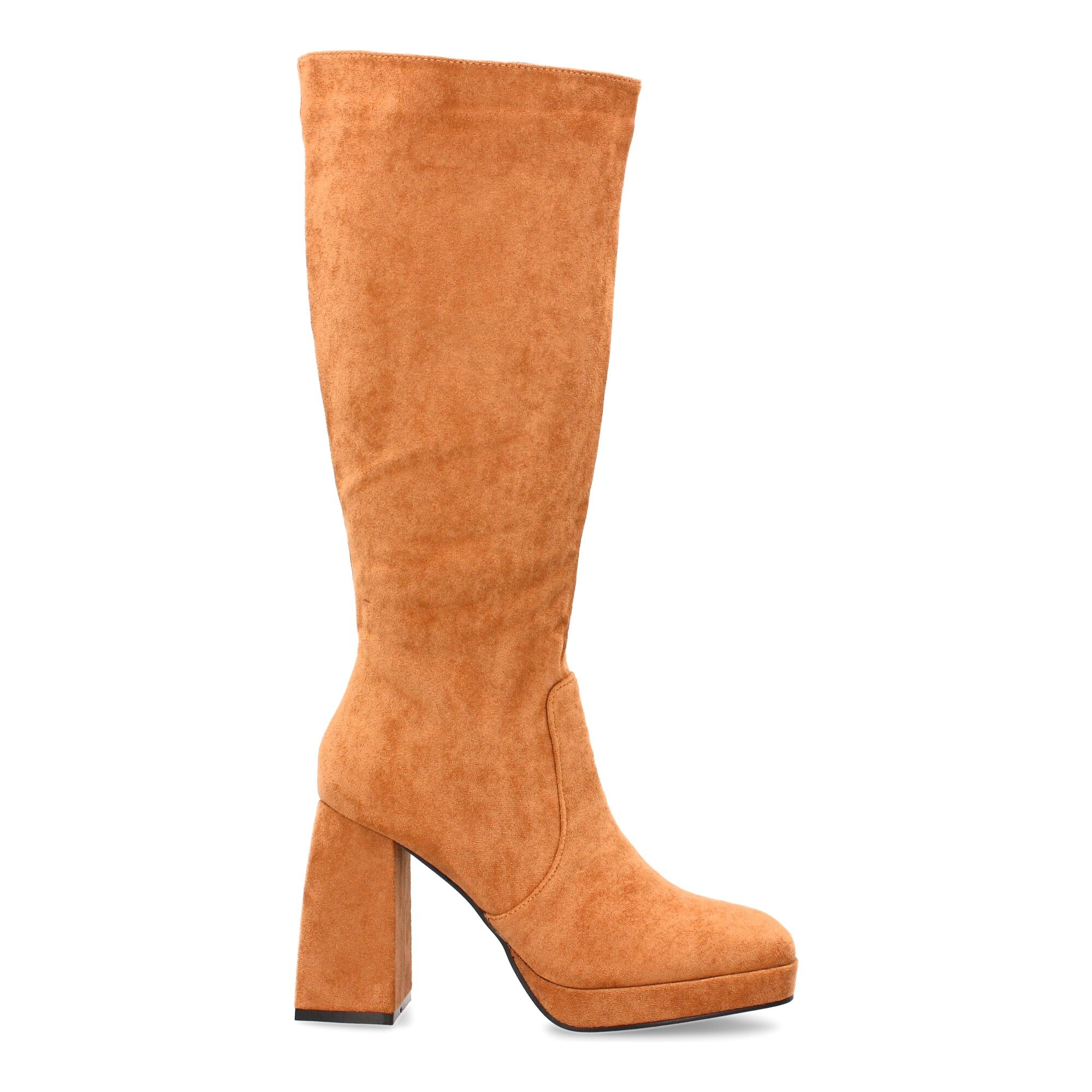 Bota alta con tacón ancho y plataforma elegante.