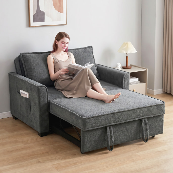 Sofá Cama 2 Plazas 3 en 1, Sofá Cama de Tejido Rizo con Respaldo Ajustable 3 Niveles, Bolsillos Laterales, 2 Almohadas con Fundas Extraíbles para Sala de Estar, Espacios Pequeños, Gris Oscuro
