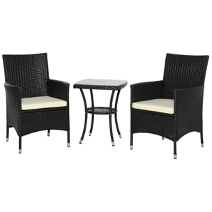 Conjunto de Muebles de Exterior de Ratá¡n 1 Mesa 2 Sillas Estructura Metal Negro