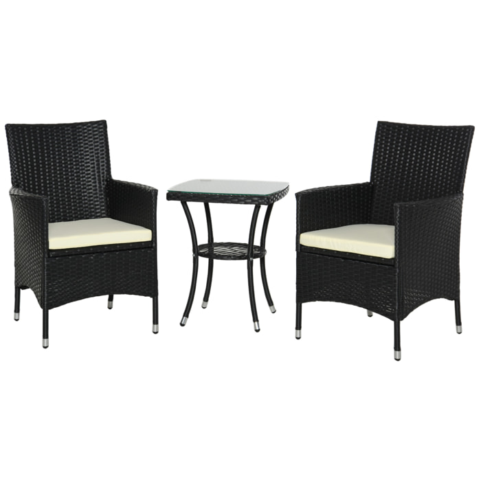 Conjunto de Muebles de Exterior de Ratá¡n 1 Mesa 2 Sillas Estructura Metal Negro