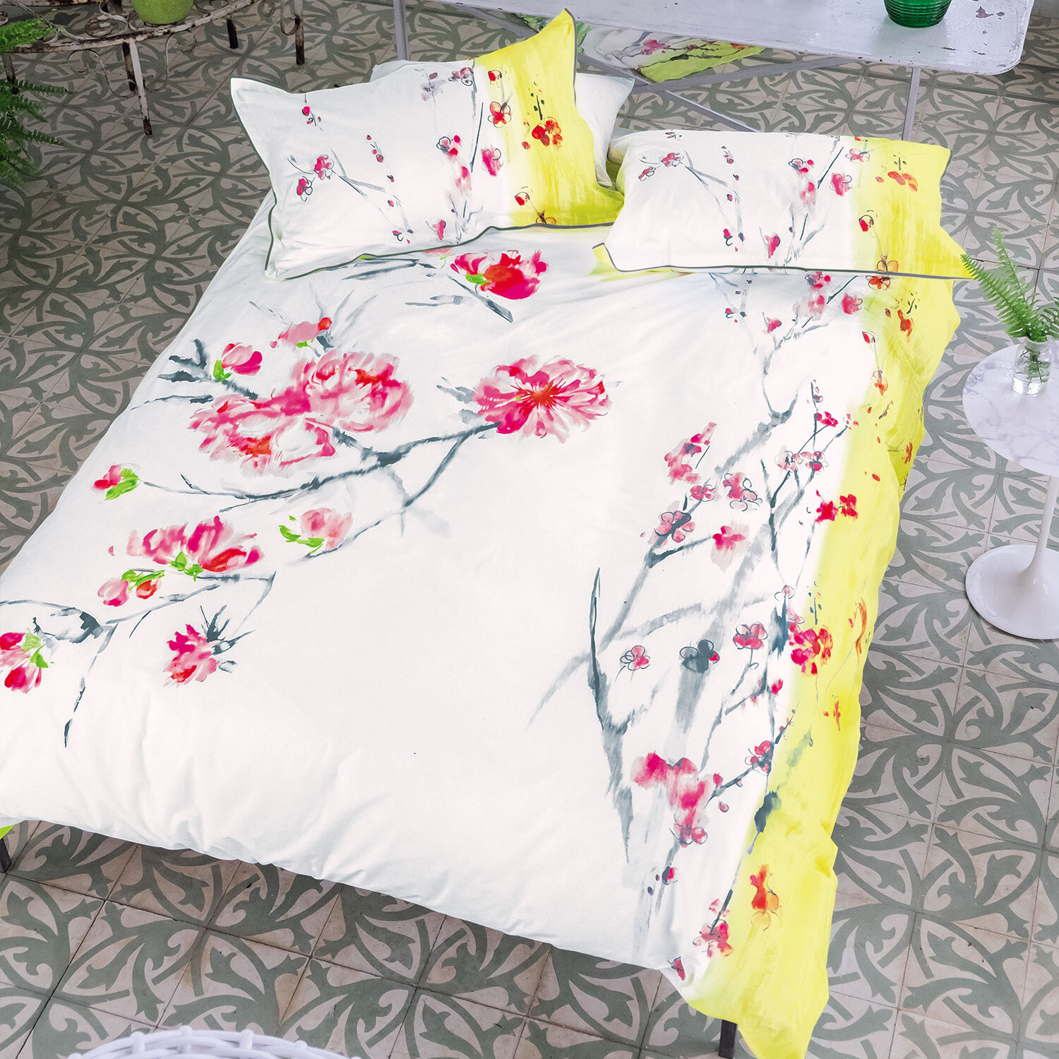 Housse de couette imprimée en satin de coton, ORIENTAL FLOWER, Multicolore