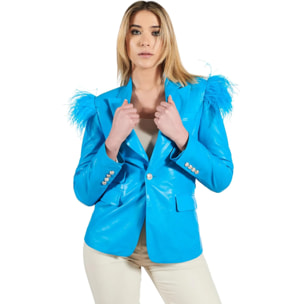 Giacca blazer in pelle naturale azzurra con piume