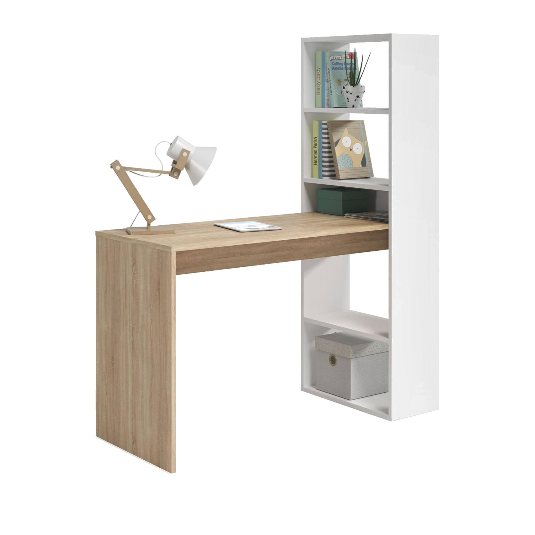 Scrivania Denton, Scrittoio multifunzione reversibile con libreria a 5 ripiani, Tavolo da studio o ufficio porta PC portalibri, cm 120x53h144, Bianco e Rovere