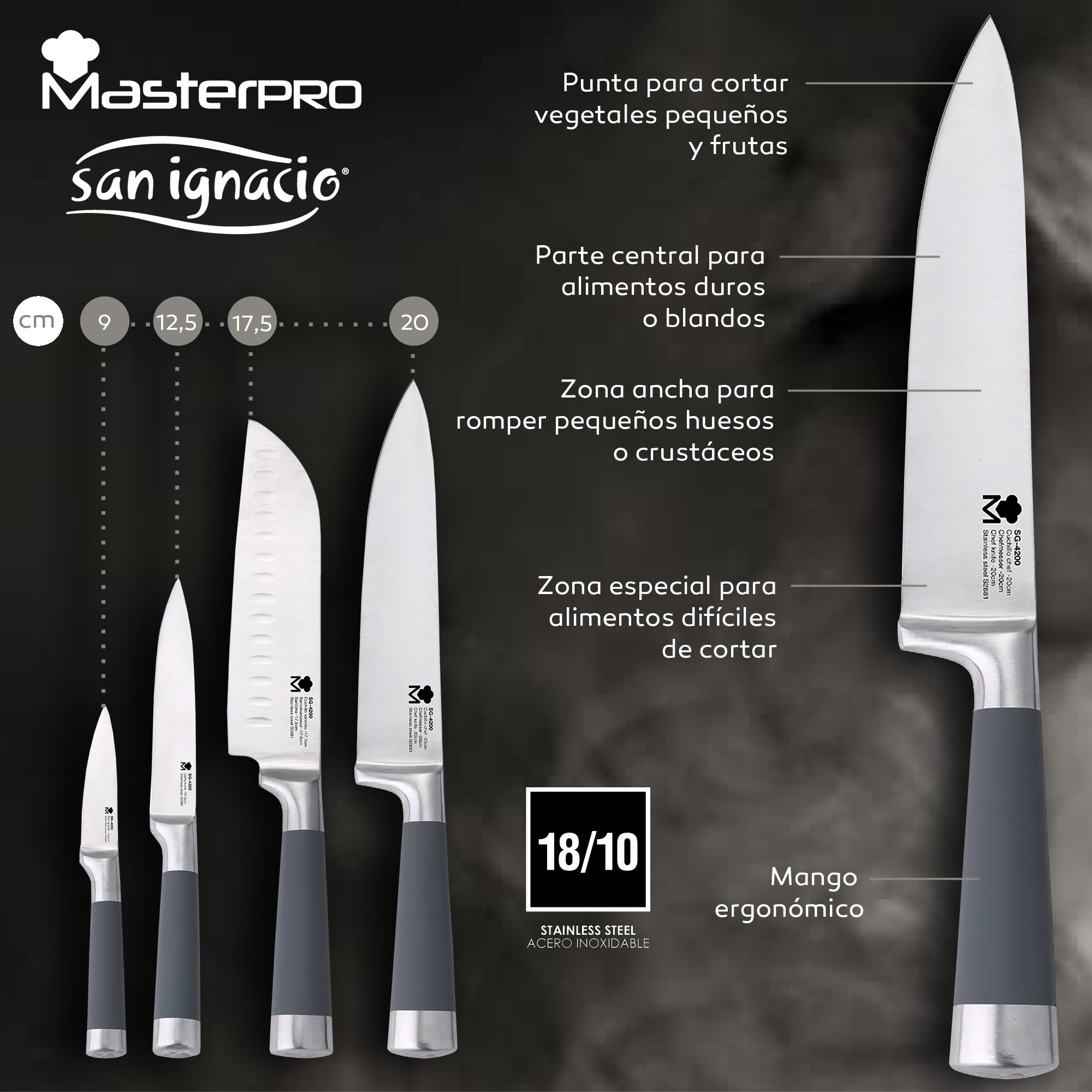 Set 3 sartenes ø16/20/24 cm, aluminio prensado, aptas para inducción + set 4 cuchillos de cocina: chef, santoku, pelador y muliusos, mango con silicon