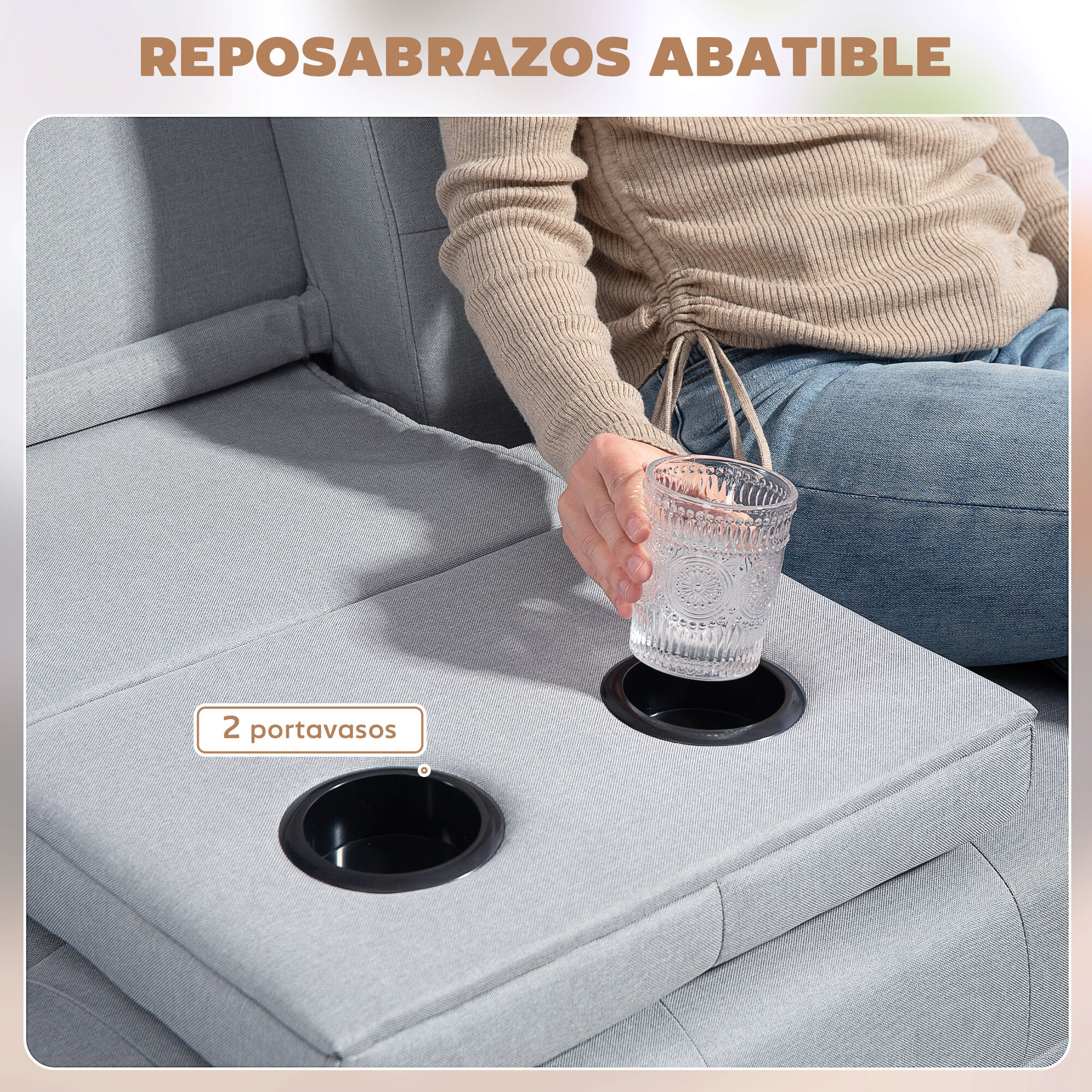 Sofá Cama 3 Plazas, Mesa Abatible con 2 Soportes para Vasos, 181x77x78 cm, Sofá Cama con Respaldo Ajustable, Apertura Clik-Clak, Reposabrazos Desmontables, Patas de Madera, Gris Claro
