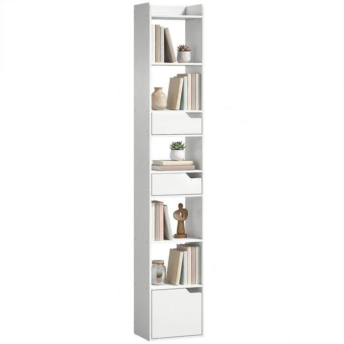 Estantería para Libros con 2 Cajones y Puerta, Librería Estrecha con 6 Estantes Abiertos, Armario Alto para Salón, Estudio, Oficina, 32x24x181,5 cm, Blanco