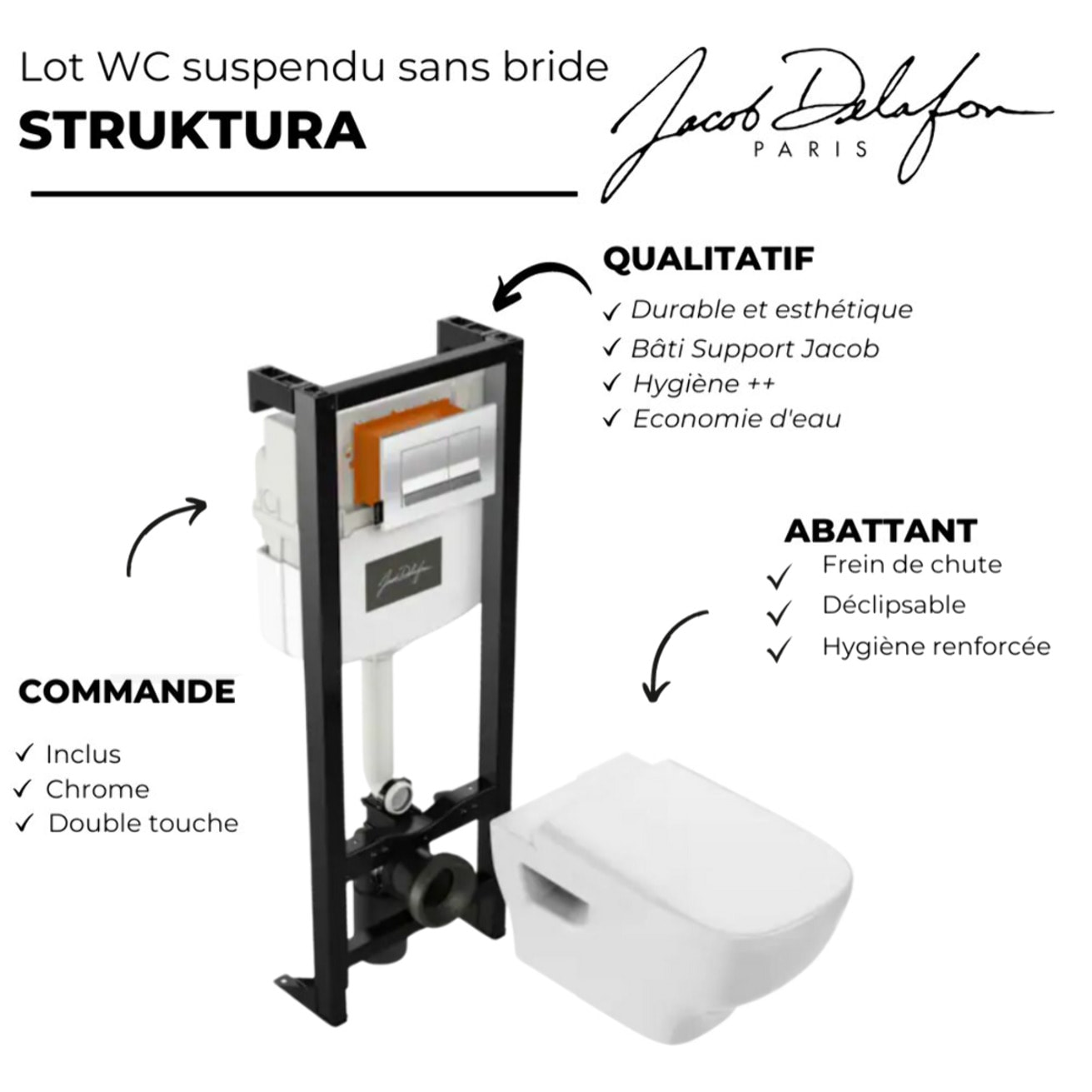 Pack WC suspendu sans bride Struktura + abattant + plaque + bâti + porte-rouleau et porte-balai