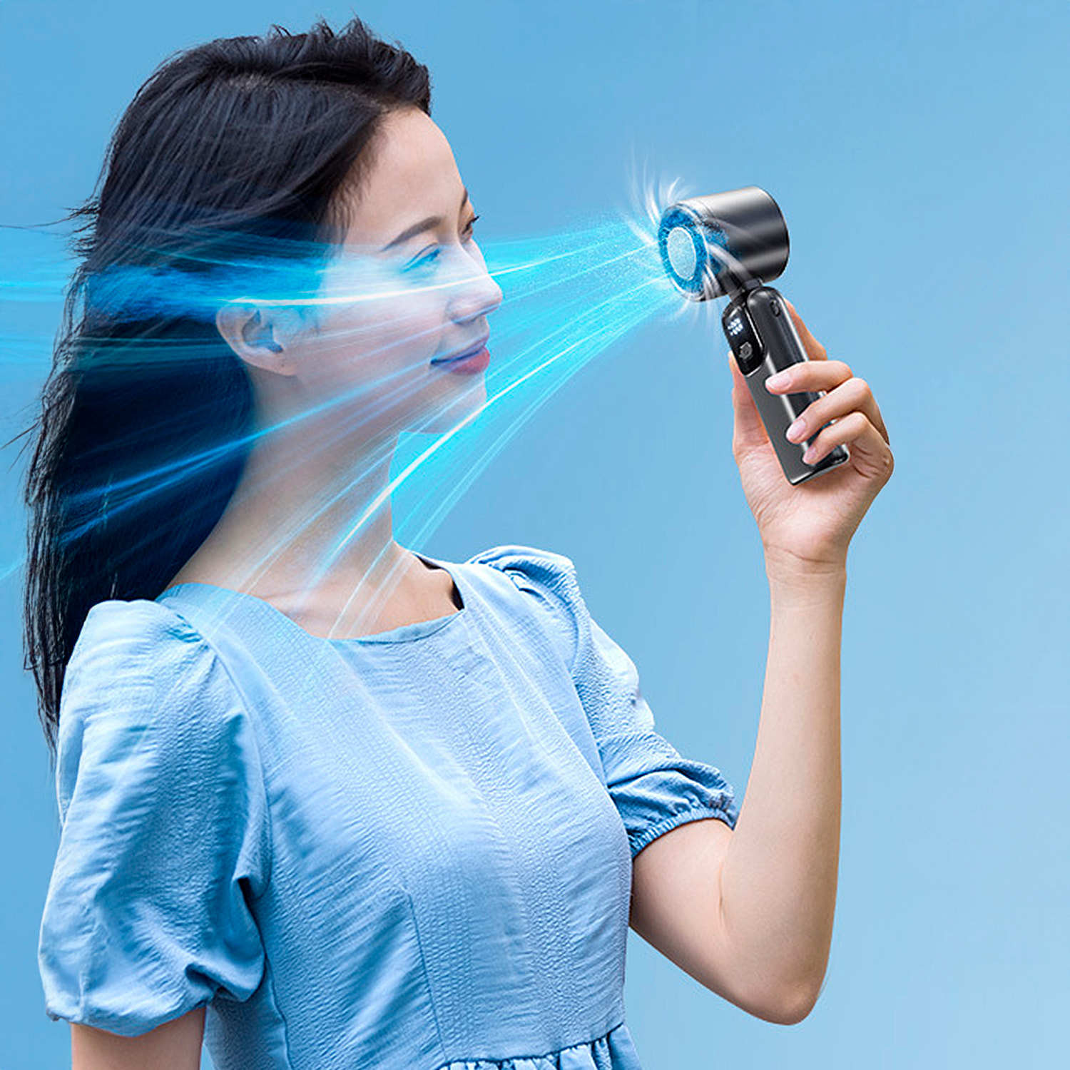 Mini ventilador de mano recargable con 5 velocidades principales y panel refrigerador.