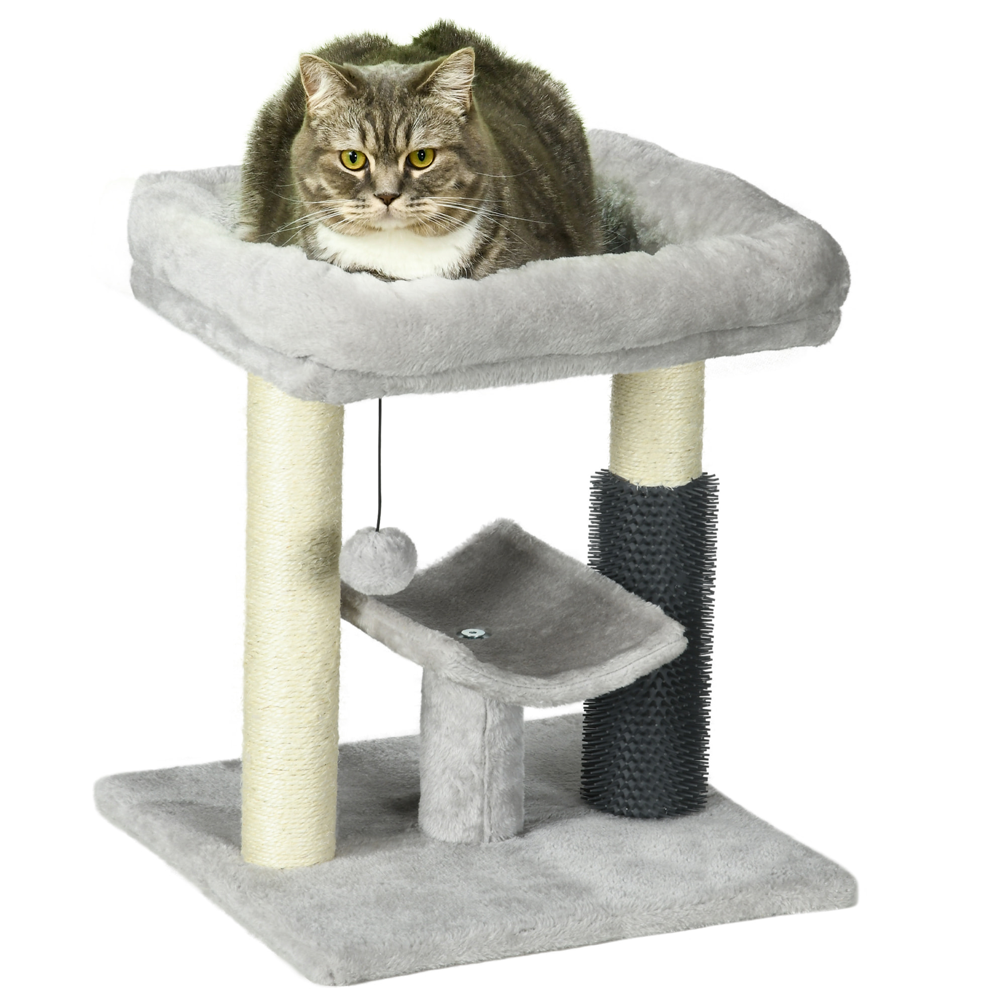 Rascador para Gatos Árbol para Gatos Altura 48 cm con 2 Postes Rascadores Cama Plataforma en U y Cepillo Bola Colgante Gris