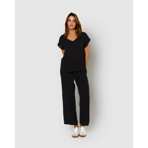 Pantalón largo mujer bambula detalles plisados negro
