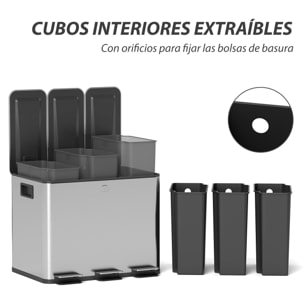 Cubo de Basura de Cocina con 3 Compartimentos 3x10L Papelera de Cocina de Acero Inoxidable con Pedales Tapas de Cierre Suave y Cubo Extraíble para Reciclaje Residuos Restos de Comida Plata