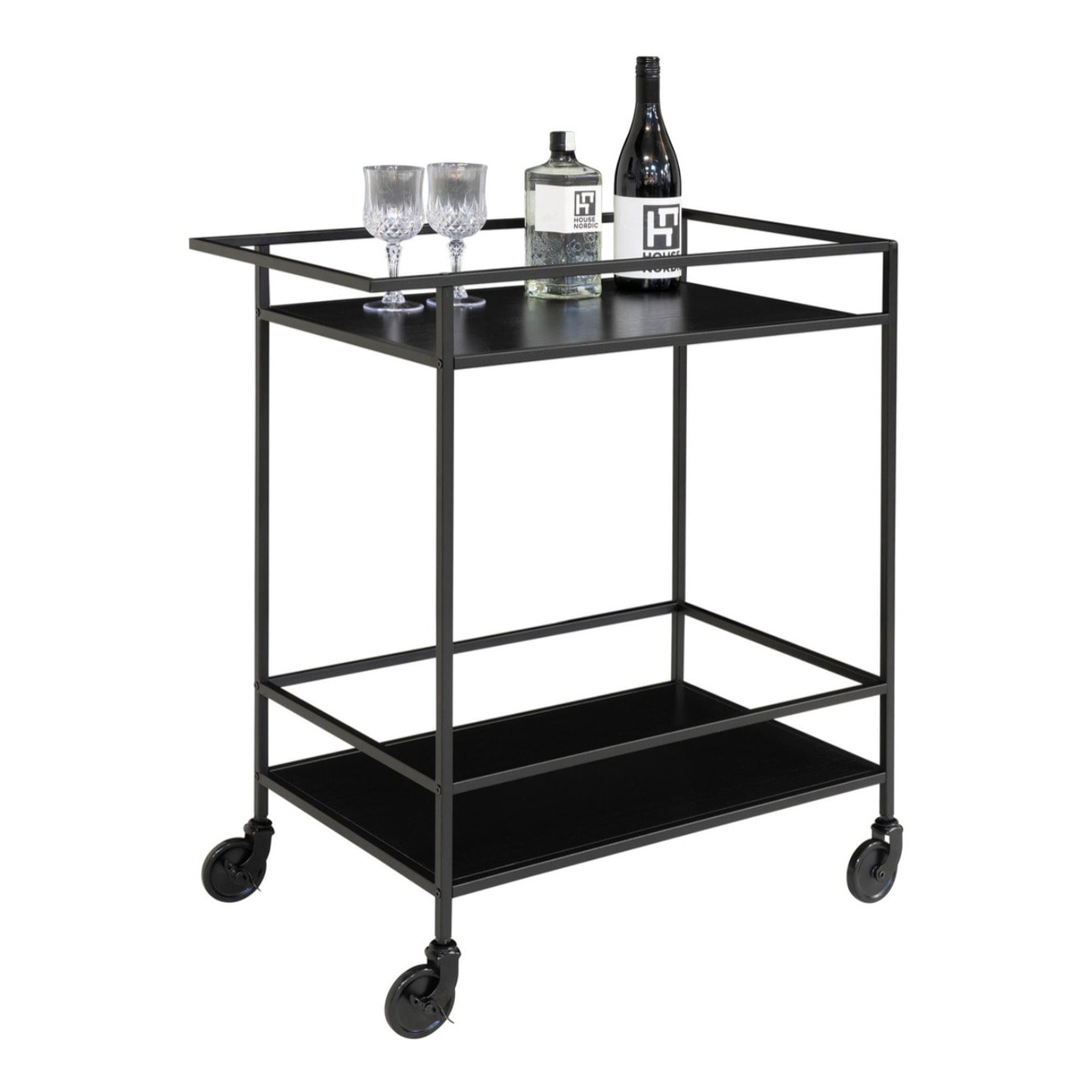 Carrello bar Vita a 2 ripiani in nero con struttura in acciaio, 68×40×79 cm