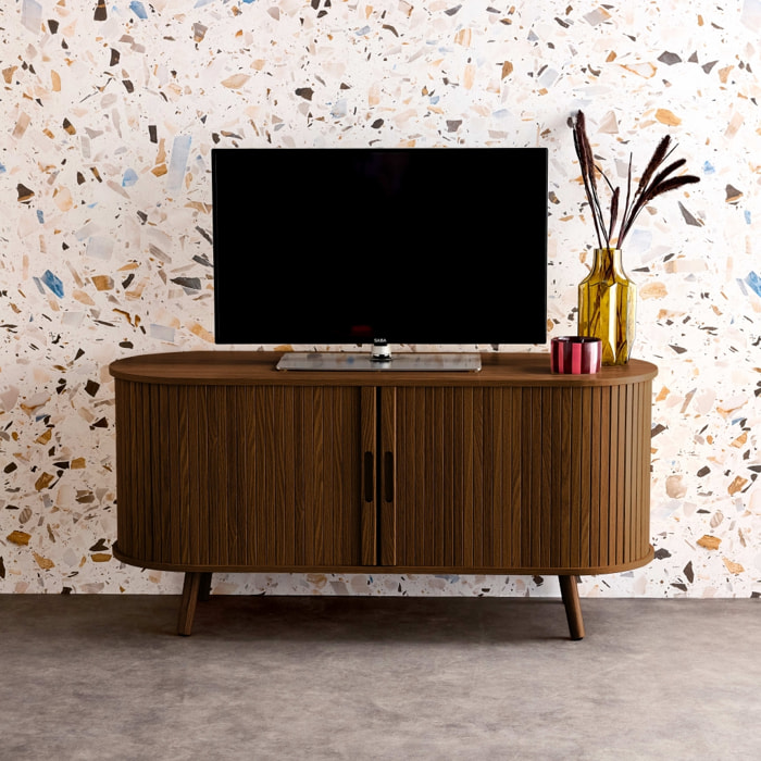 Meuble TV scandinave 2 portes coulissantes. 4 compartiments. effet bois rainuré noyer. L120 x 40 x 57 cm