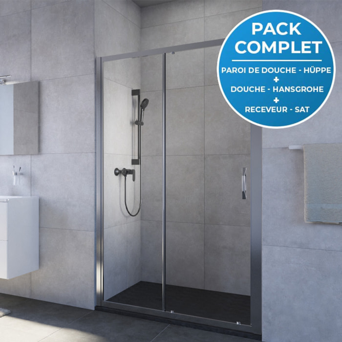 Pack douche Porte coulissante 120cm + Set de douche avec mitigeur Hansgrohe + Receveur Satalek 120x90cm, Noir