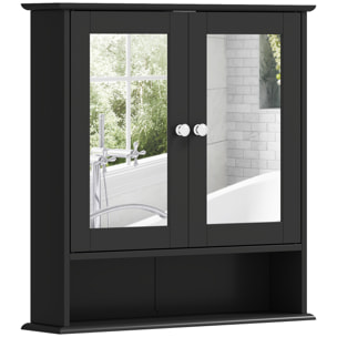 Armario de Baño con Espejo, Armario de Pared con 2 Puertas, Estante Abierto, Estante Ajustable, Mueble de Baño Colgar para Cocina, Salón, 56x13x58 cm, Negro