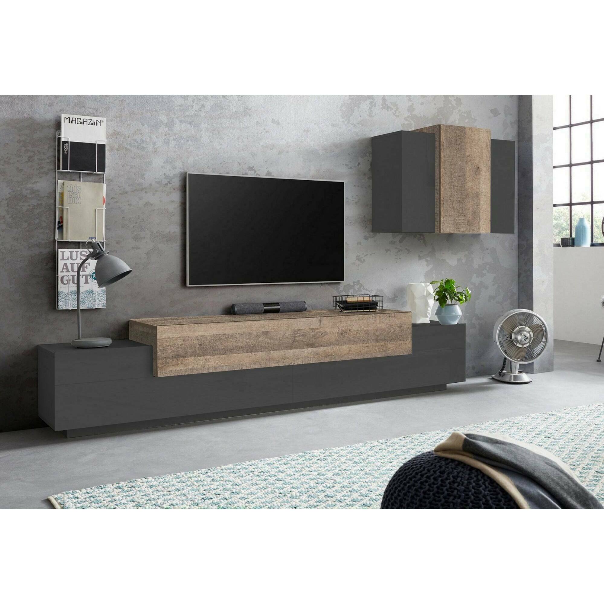 Parete attrezzata Ruben, Set salotto porta TV, Mobile soggiorno multiuso, 100% Made in Italy, cm 240x45h180, Antracite e Acero