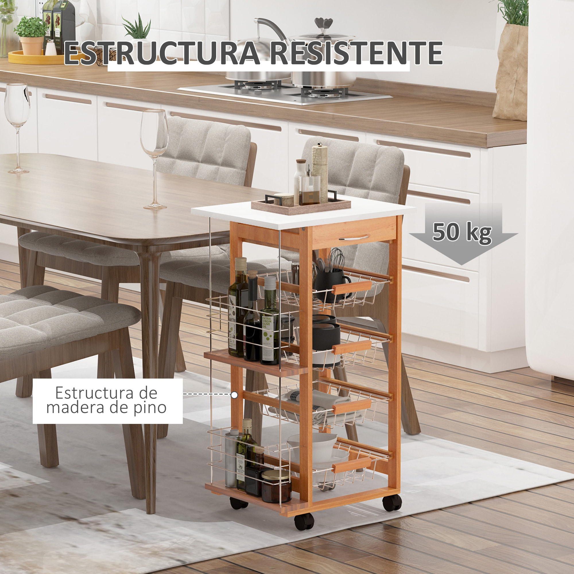 Carrito de Cocina de 5 Niveles 47x37x83cm Madera Natural