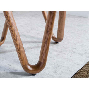 Mesa rincón redonda con tapa de cristal templado y patas de madera en nogal 115x115x38cm