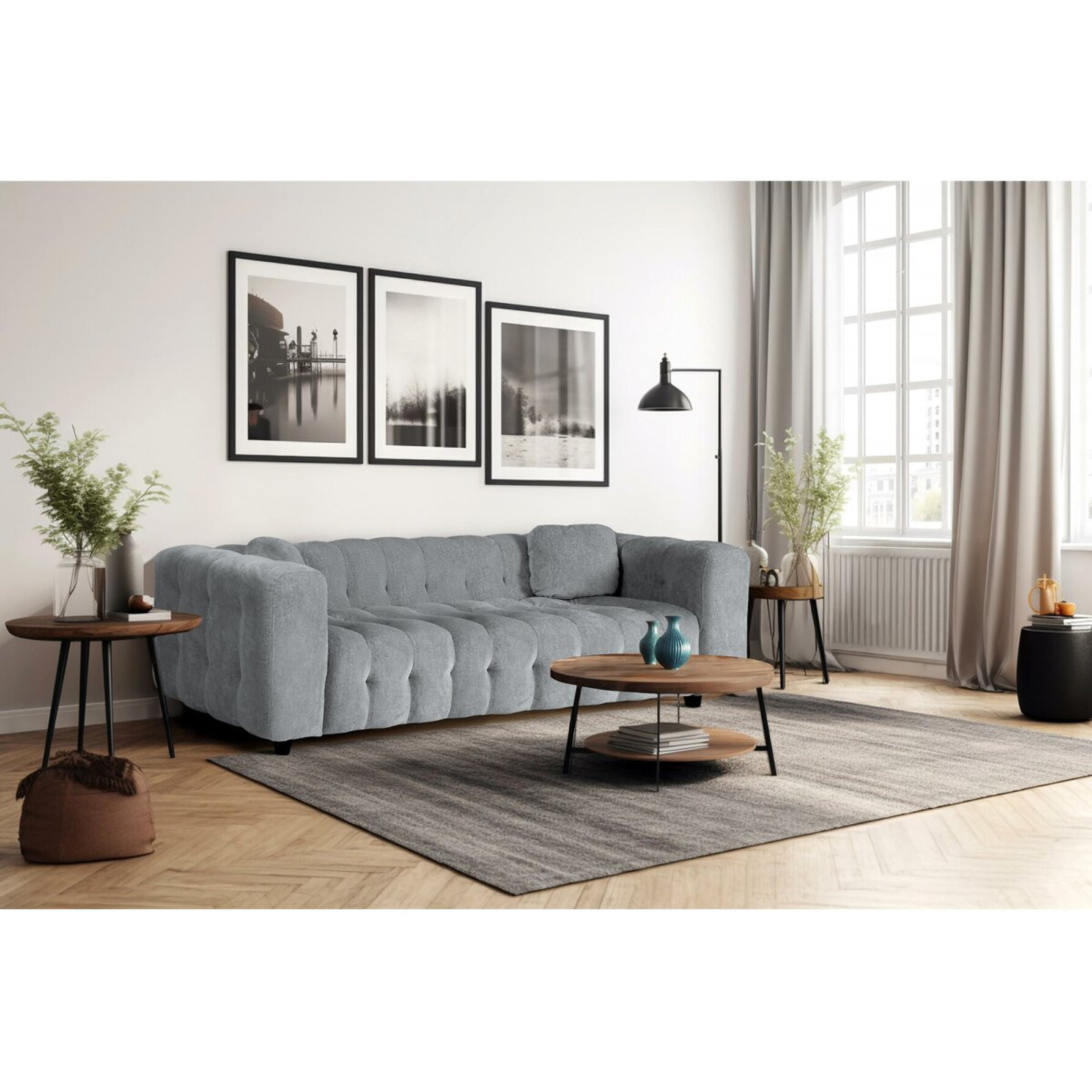 Canapé droit en tissu chenille "Vendome" - 3 places - Gris