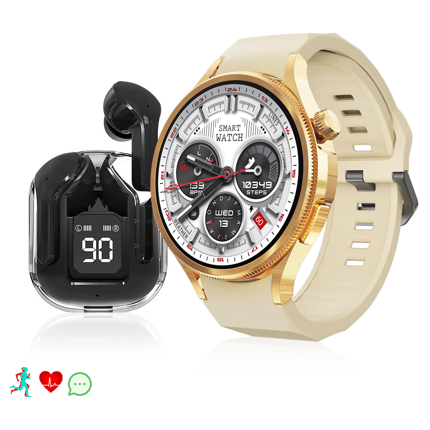Smartwatch M103 con monitor cardiovascular, varios modos de deporte. Correa de metal + correa de silicona y auriculares TWS.