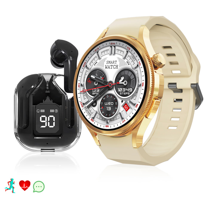Smartwatch M103 con monitor cardiovascular, varios modos de deporte. Correa de metal + correa de silicona y auriculares TWS.