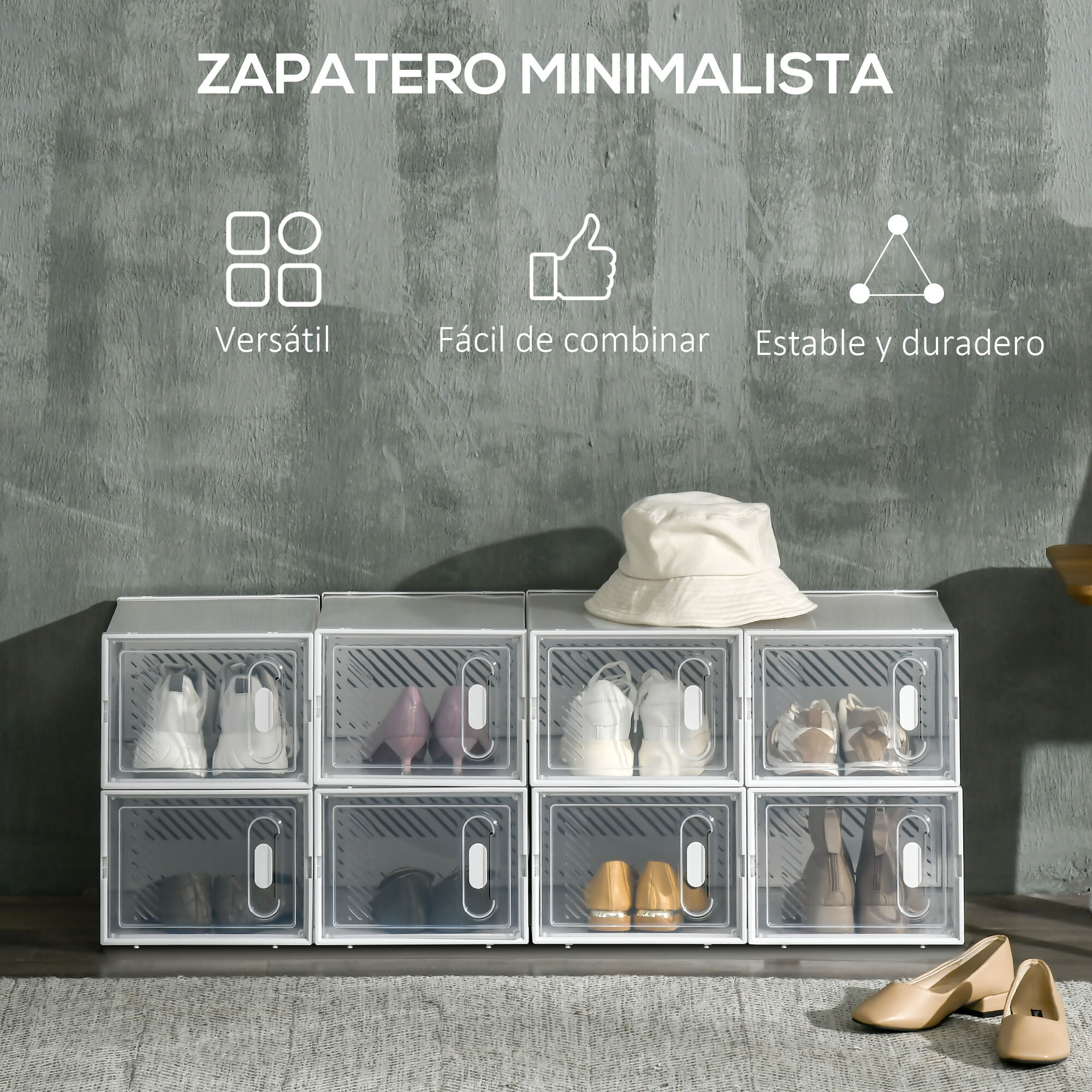 Armario Modular de Plástico Cajas de Zapatos Talla de 43 con 8 Cubos Puertas Magnéticas Muble Organizador para Entrada Pasillo Dormitorio 25x35x19 cm Transparente