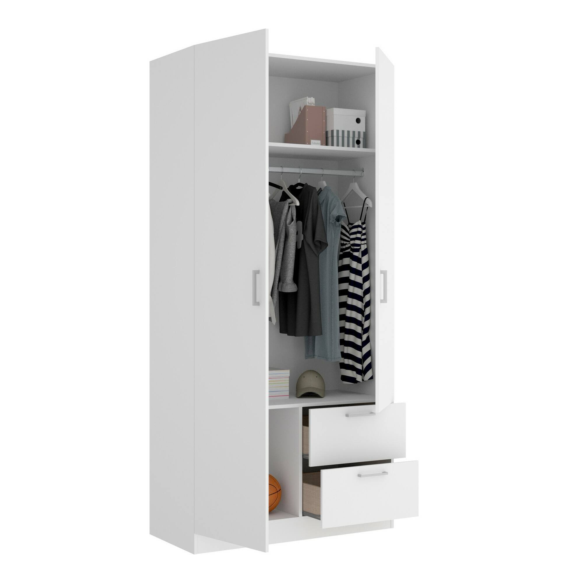 Guardaroba 2 ante Amp, Mobile appendiabiti per camera da letto, Armadio 2 cassetti, 100x52h215 cm, Bianco