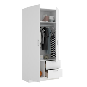 Guardaroba 2 ante Amp, Mobile appendiabiti per camera da letto, Armadio 2 cassetti, 100x52h215 cm, Bianco