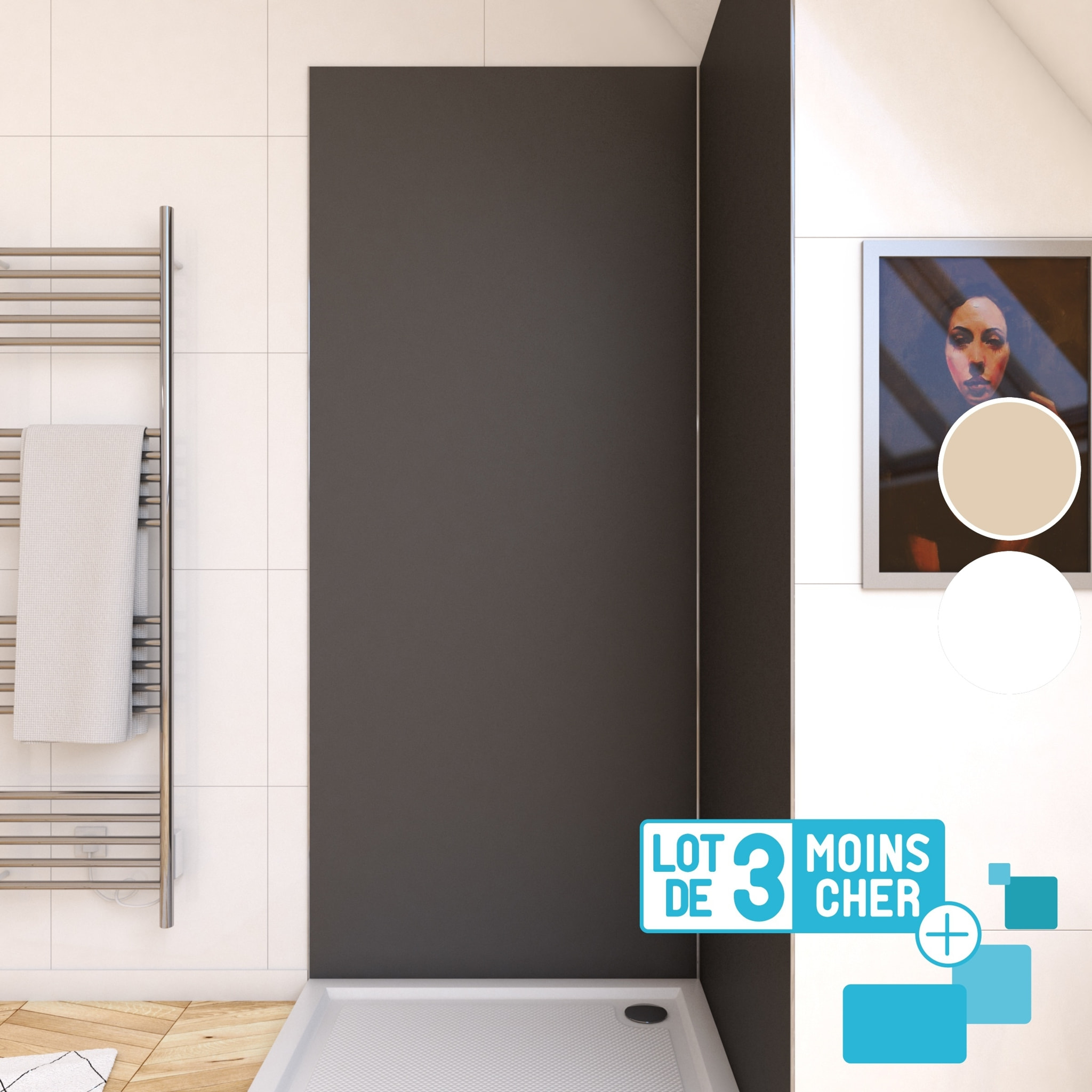 LOT de 3 Panneaux Muraux pour salle de bains en Aluminium Gris - 90x210cm - WALL'IT