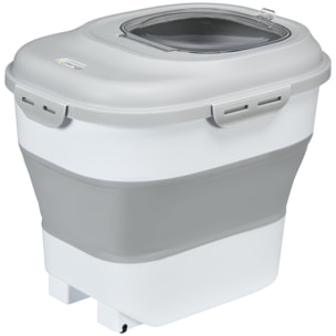 Conteneur à croquettes pour chiens et chats pliable 25L - roulettes, tasse, bol, cuillère - gris