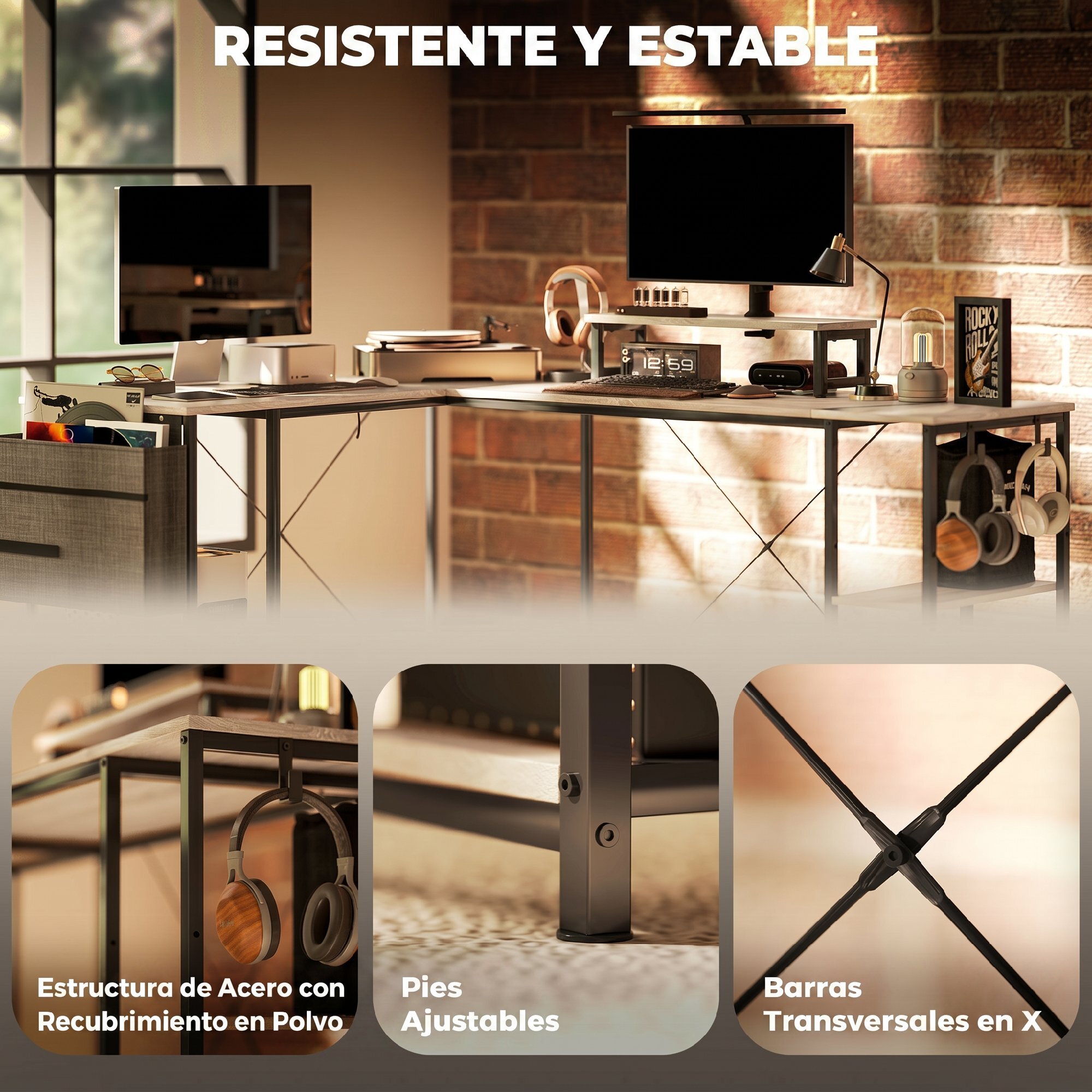 Escritorio Esquinero Reversible en L, Largo 168-240 cm, Mesa Escritorio de Ordenador Industrial con Soporte Monitor y CPU, Estantería, Bolsillo Lateral, Ganchos, Estante Ajustable, Natural