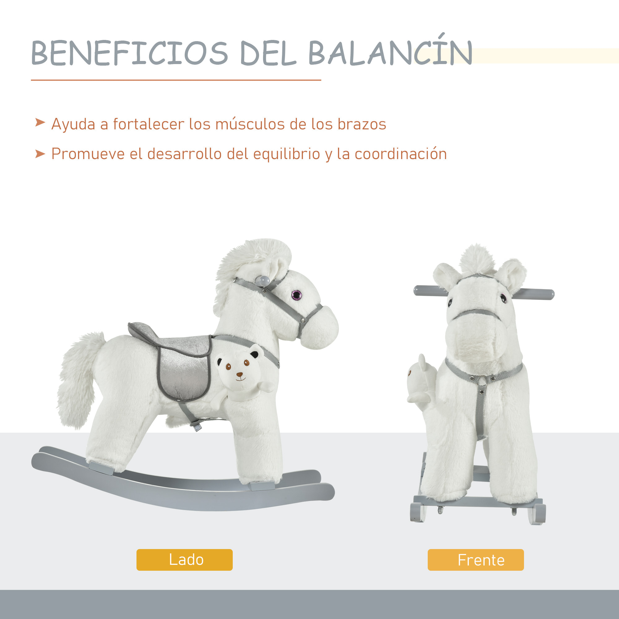 Caballito Balancín con Felpa con Osito de Peluche para Niños 18-36 Meses Caballo Mecedora Sonidos de Relincho y Galope Base de Madera Asiento 35 cm Carga 30 kg 65x26x55 cm Blanco