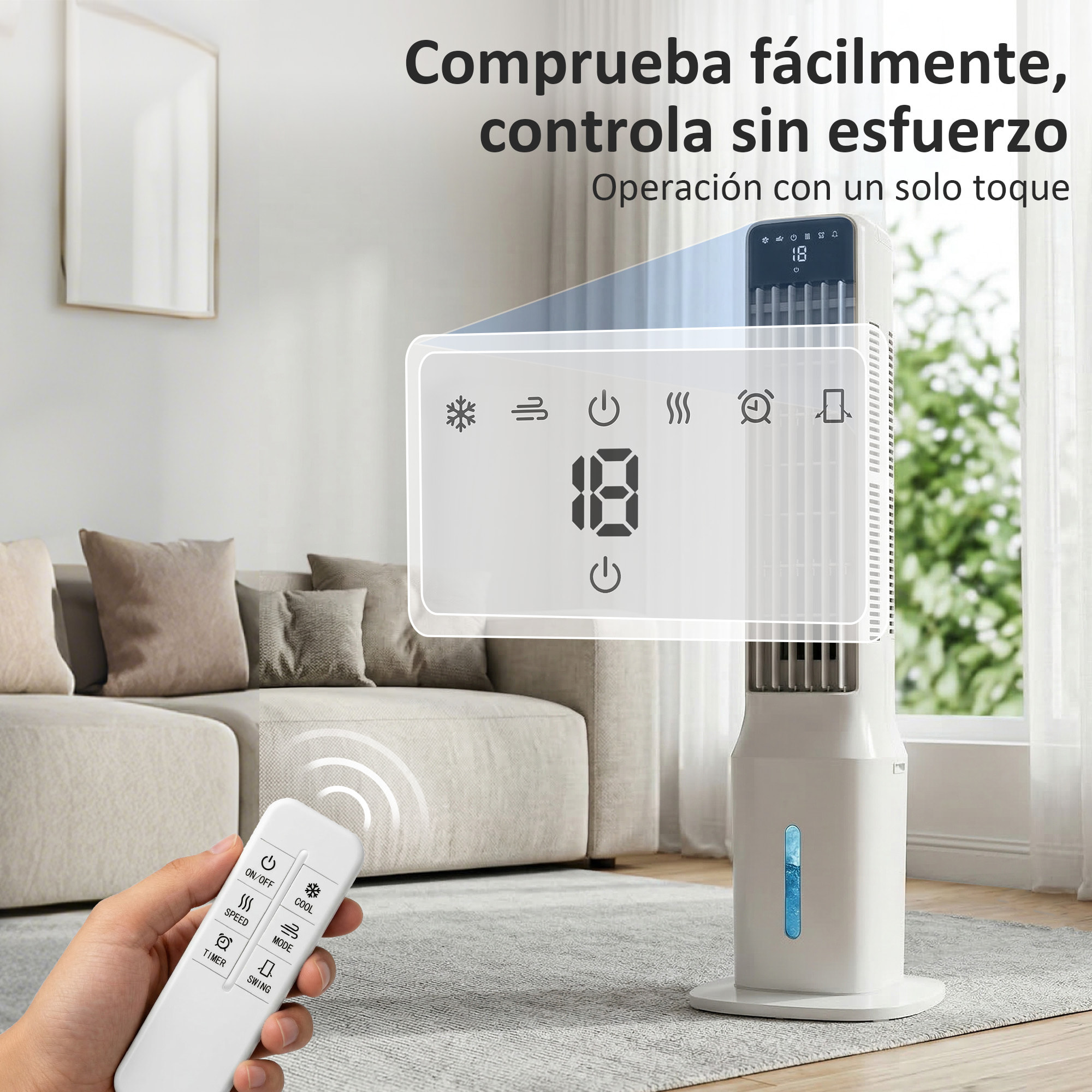 Climatizador Evaporativo de Torre 3 en 1, Enfriador de Aire Portátil con Depósito de 9 L, Oscilación 48°, 3 Velocidades, 3 Modos, Temporizador 24h y Mando a Distancia, 2 Acumuladores de Frío