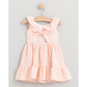 VESTIDO DE RAYAS NARANJAS CON VOLANTE EN ESCOTE Y LAZO BLANCO
