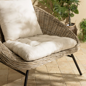 KALLY - Fauteuil lounge en kubu coussin d'assise blanc pieds métal noir