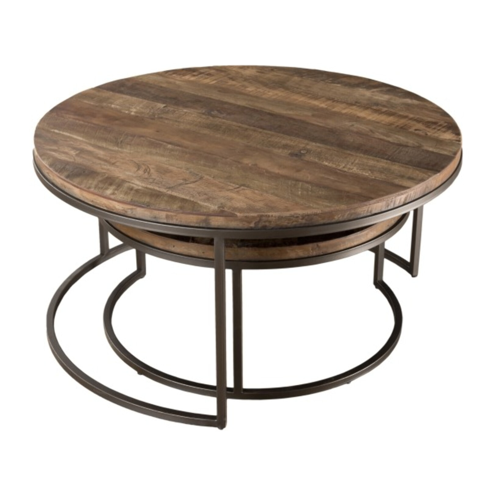 SIXTINE - Set de 2 tables basses gigognes rondes Teck recyclé Acacia Mahogany recyclé pieds métal noir