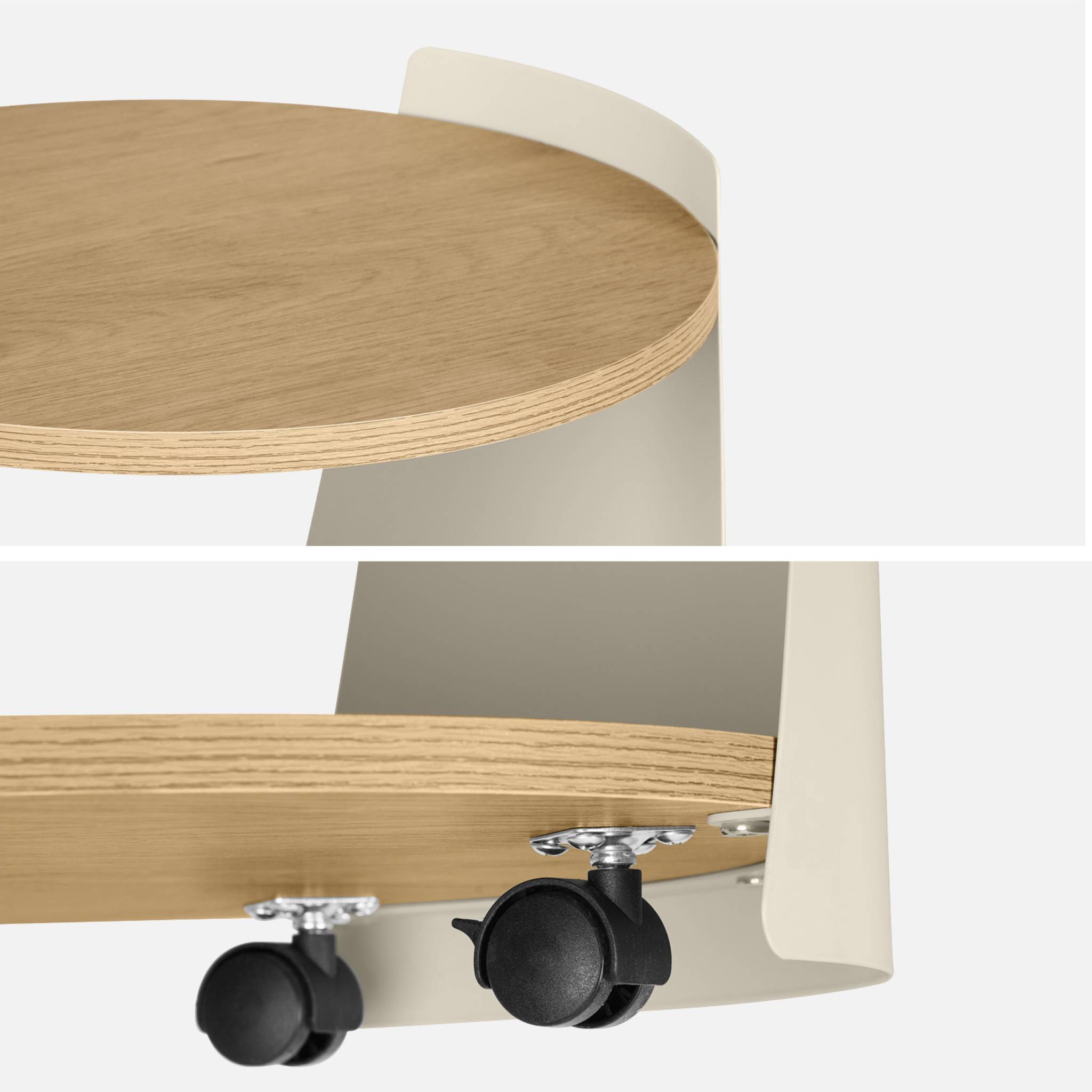 Table d'appoint, table de chevet métal courbé et décor bois avec roulettes MOLTO