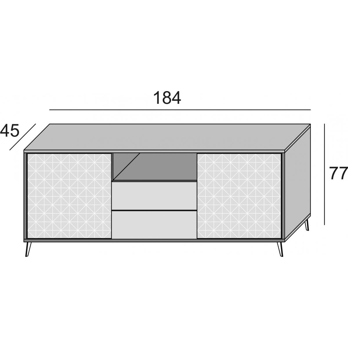 Credenza Garofano, Mobile buffet a 2 ante e 2 cassetti, Madia elegante da soggiorno, Mobile porta TV, 100% Made in Italy, Cm 184x45h77, Bianco e Cemento