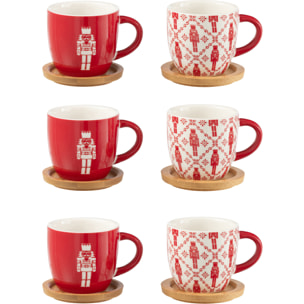 J-Line tasse à café + sous-tasse Casse-Noisette - bambou/céramique - rouge - boîte cadeau - boîte de 6