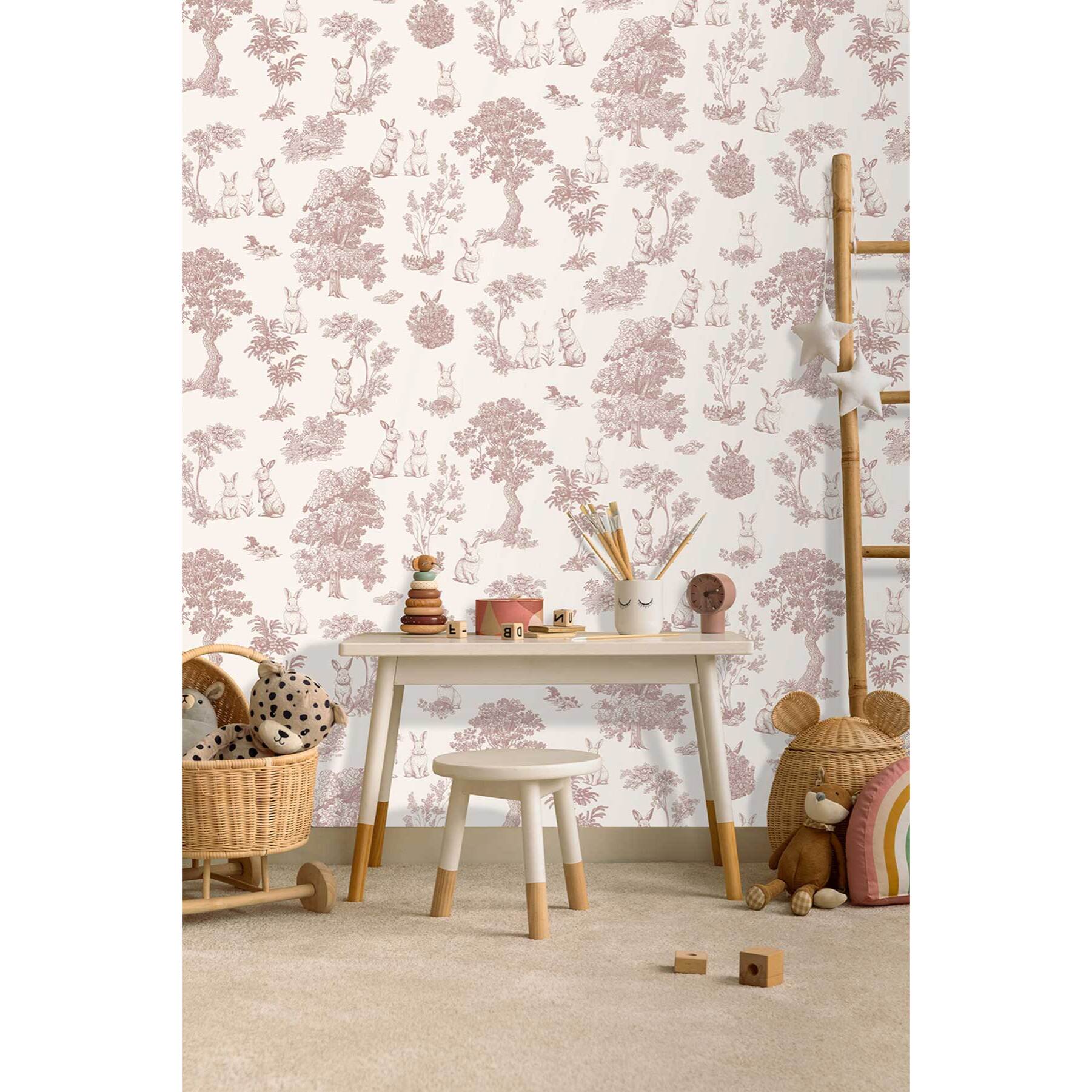 Papier peint lapin toile de Jouy rose blanc
