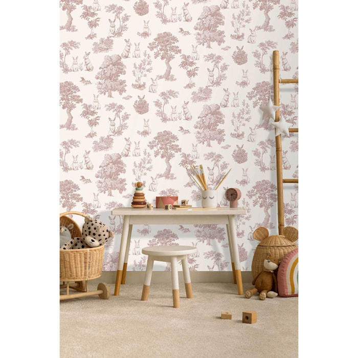 Papier peint lapin toile de Jouy rose blanc