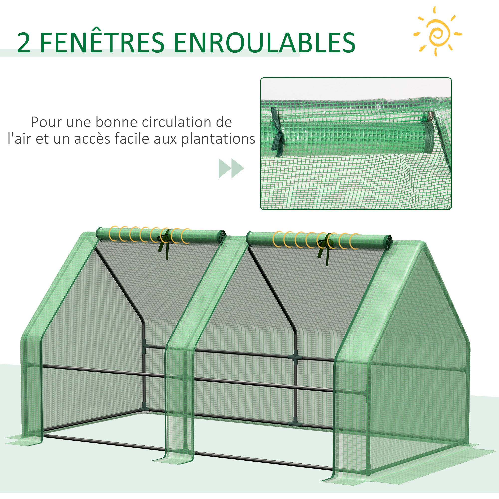 Mini serre de jardin serre à tomates dim. 180L x 90l x 90H cm acier PE haute densité 140 g/m² anti-UV 2 fenêtres zippées enroulables vert